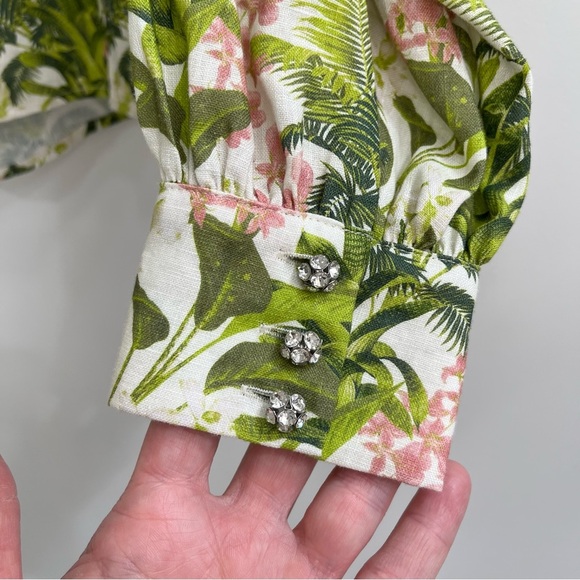 CAMI NYC Belkis Top in Tropics Print 100% Linen Green Pink Diamond Buttons XS - Picture 6 of 11